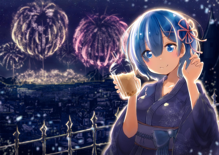 1girl blue_eyes blue_hair blush breasts building closed_mouth collarbone commentary_request drink drinking_straw eyebrows_visible_through_hair fireworks hair_between_eyes hair_ornament head_tilt highres holding_drink japanese_clothes kimono kokoro_mokoromo looking_at_viewer medium_breasts night obi railing re:zero_kara_hajimeru_isekai_seikatsu rem_(re:zero) sash smile solo wide_sleeves x_hair_ornament