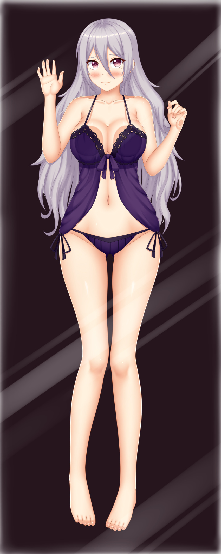 1girl absurdres against_glass ass_visible_through_thighs atelier_(series) babydoll barefoot blush breasts closed_mouth collarbone commentary eyebrows_visible_through_hair full_body glass hair_between_eyes highres keshigomu large_breasts lavender_hair long_hair looking_at_viewer mole mole_under_eye navel pamela_ibiss panties purple_panties smile solo underwear very_long_hair violet_eyes