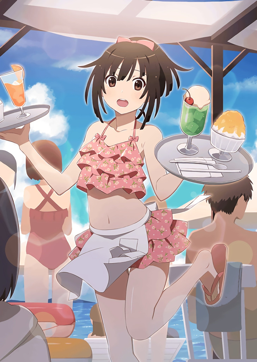 2boys 4girls apron bangs bare_arms bare_legs bare_shoulders beach_chair bikini blue_sky bow brown_hair cherry drinking_straw faceless food fruit hair_between_eyes hair_bow highres holding ice_cream innertube leg_up lens_flare looking_at_viewer midriff monogatari_(series) monogatari_series_puc_puc multiple_boys multiple_girls napkin navel official_art open_mouth orange orange_slice pink_bikini pink_bow sandals sengoku_nadeko shaved_ice short_hair sidelocks sky spoon swimsuit tray waist_apron waiter waitress watanabe_akio