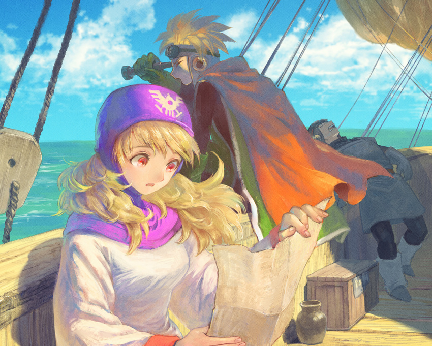 1girl 2boys arm_support blonde_hair cape clouds crate dragon_quest dragon_quest_ii gloves goggles goggles_on_headwear horizon jar leaning_back long_hair looking_afar map multiple_boys ocean open_mouth prince_of_lorasia prince_of_samantoria princess_of_moonbrook ship sky sleeping telescope violet_eyes water watercraft wind yuza