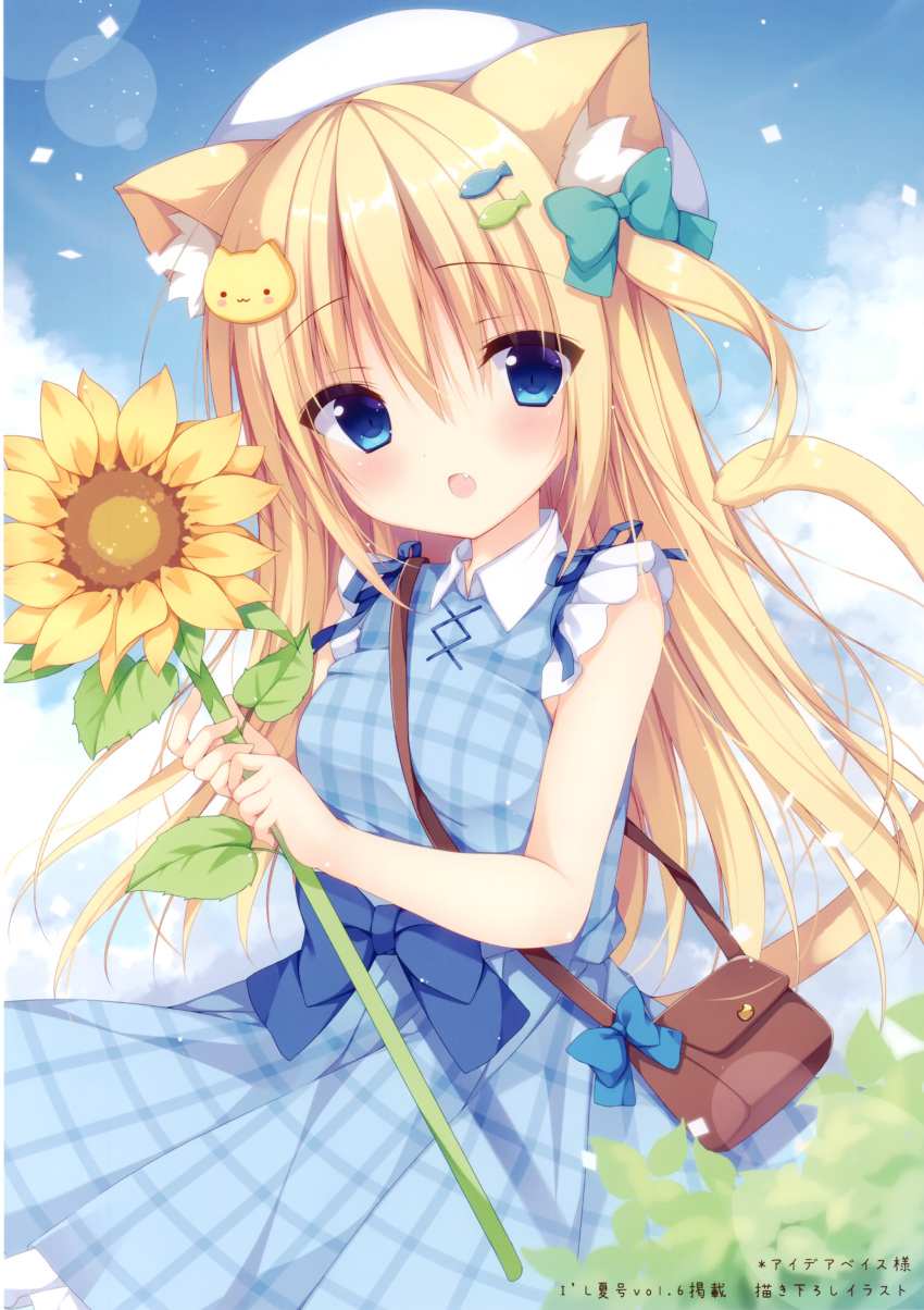 1girl :d absurdres animal_ear_fluff animal_ears bag bare_arms bare_shoulders beret blonde_hair blue_bow blue_dress blue_eyes blue_sky bow cat_ears cat_girl cat_hair_ornament cat_tail clouds day dress fang fingernails fish_hair_ornament flower frilled_dress frills green_bow hair_bow hair_ornament hat highres holding holding_flower izuminanase long_hair looking_at_viewer one_side_up open_mouth original outdoors plaid plaid_dress scan shoulder_bag sky sleeveless sleeveless_dress smile solo sunflower tail very_long_hair white_headwear yellow_flower