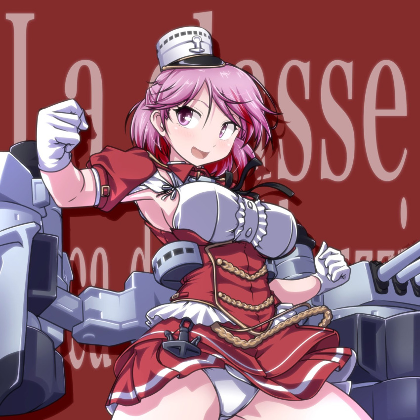 1girl 547th_sy anchor armpit_cutout armpits background_text bangs black_neckwear black_ribbon blush breasts frills giuseppe_garibaldi_(kantai_collection) gloves hat highres kantai_collection medium_breasts mini_hat multicolored_hair neck_ribbon open_mouth panties pink_eyes pink_hair pleated_skirt red_shirt red_skirt ribbon rigging shirt short_hair short_sleeves sideboob skirt solo streaked_hair underwear white_gloves white_headwear white_panties