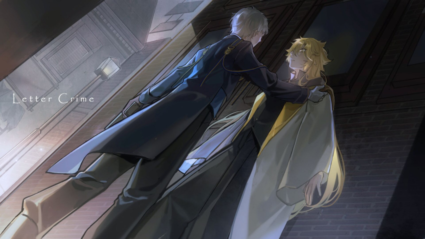 2boys black_pants blonde_hair brick_wall building dutch_angle english_text eye_contact from_below gloves grey_gloves highres holding holding_weapon jacket lamppost long_hair long_sleeves looking_at_another male_focus multiple_boys odasakunosuke original outdoors pants very_long_hair weapon white_hair window yaoi