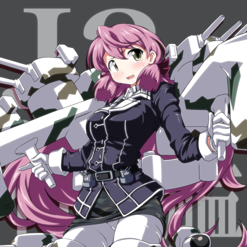 1girl 547th_sy akashi_(kantai_collection) background_text belt black_skirt blush breasts cosplay gloves hair_ribbon highres holding kantai_collection long_hair long_sleeves medium_breasts myoukou_(kantai_collection) myoukou_(kantai_collection)_(cosplay) open_mouth pencil_skirt pink_hair red_ribbon remodel_(kantai_collection) ribbon rigging skirt solo sweat tress_ribbon uniform wavy_mouth white_gloves white_legwear yellow_eyes