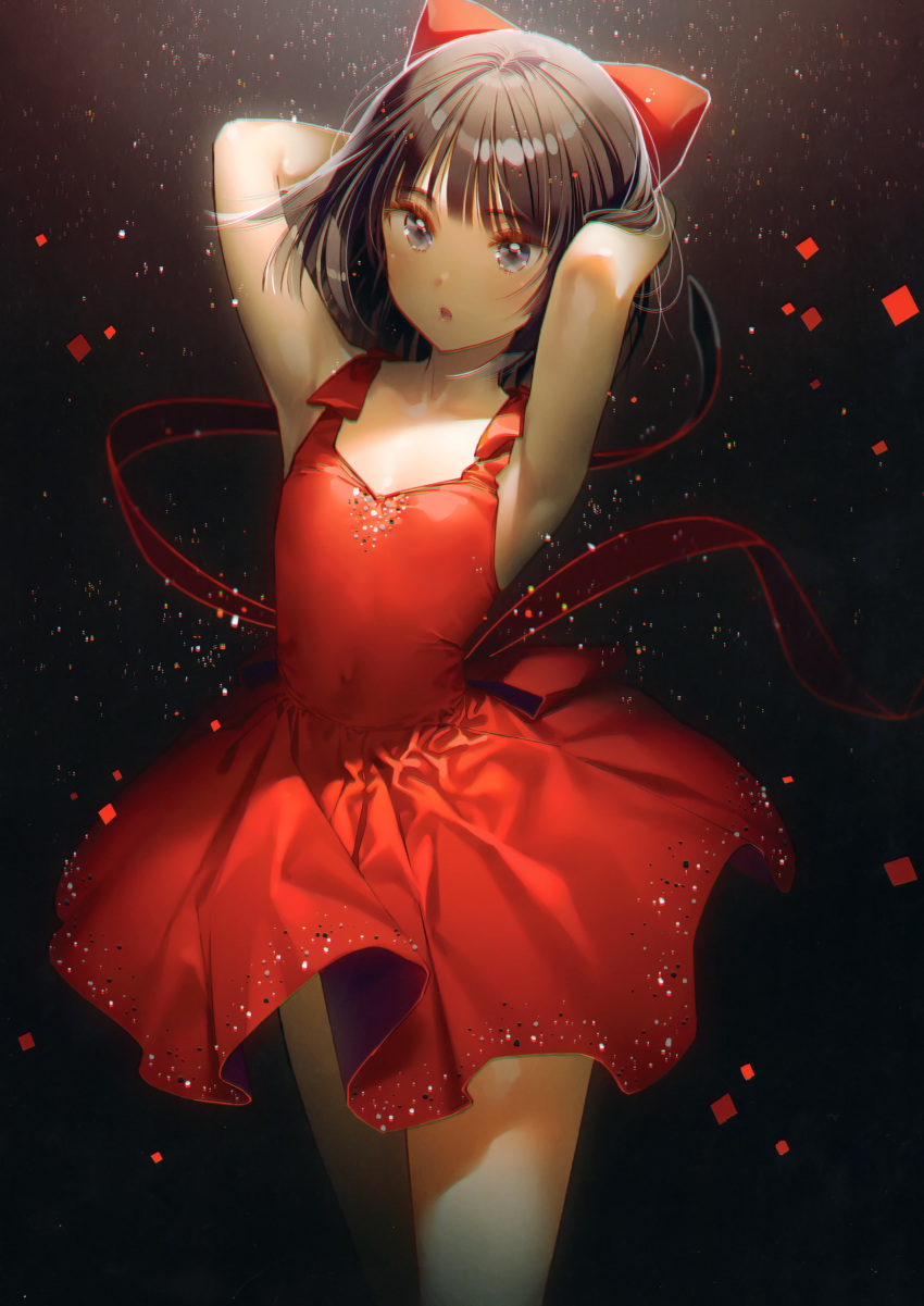1girl absurdres armpits arms_behind_head arms_up bare_arms black_background black_hair bow collarbone covered_navel cowboy_shot dress dsmile grey_eyes hair_bow highres looking_at_viewer original red_bow red_dress scan short_hair sleeveless sleeveless_dress solo thighs