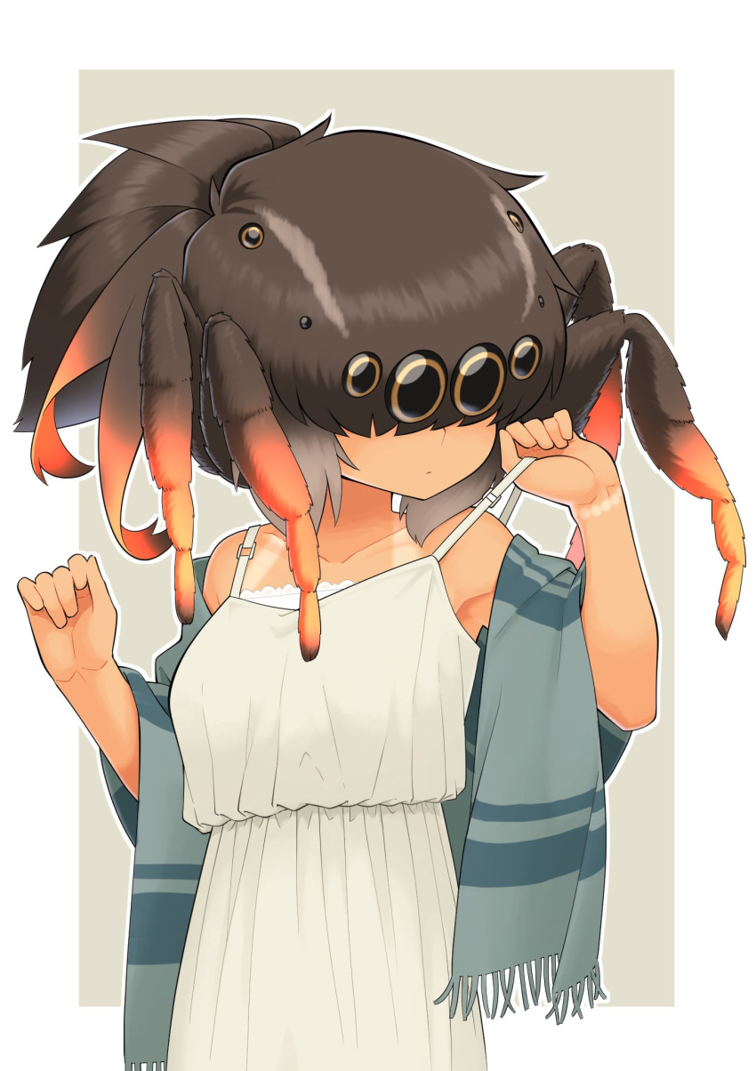 1girl beige_background bracelet_removed brown_hair dress evolvingmonkey extra_eyes hair_over_eyes hands_up highres insect_girl long_dress long_hair looking_down off_shoulder original ponytail shawl simple_background solo spider_girl spider_itou tan tanline upper_body white_dress