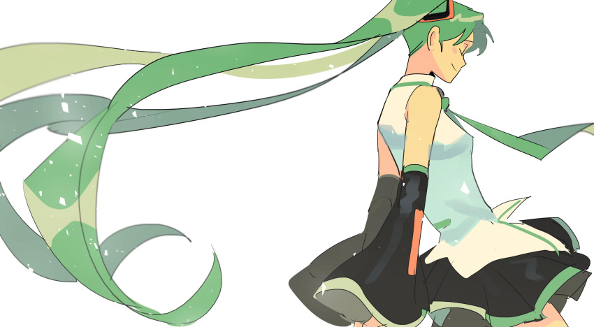 1girl ^_^ arms_behind_back bare_shoulders black_skirt breasts closed_eyes commentary cowboy_shot detached_sleeves dress english_commentary facing_away floating_hair green_hair green_neckwear hatsune_miku highres kendy_(revolocities) light_particles light_smile long_hair necktie pleated_skirt profile shiny shiny_hair shirt simple_background skirt sleeveless sleeveless_shirt small_breasts smile solo standing thighs twintails very_long_hair vocaloid white_background white_dress