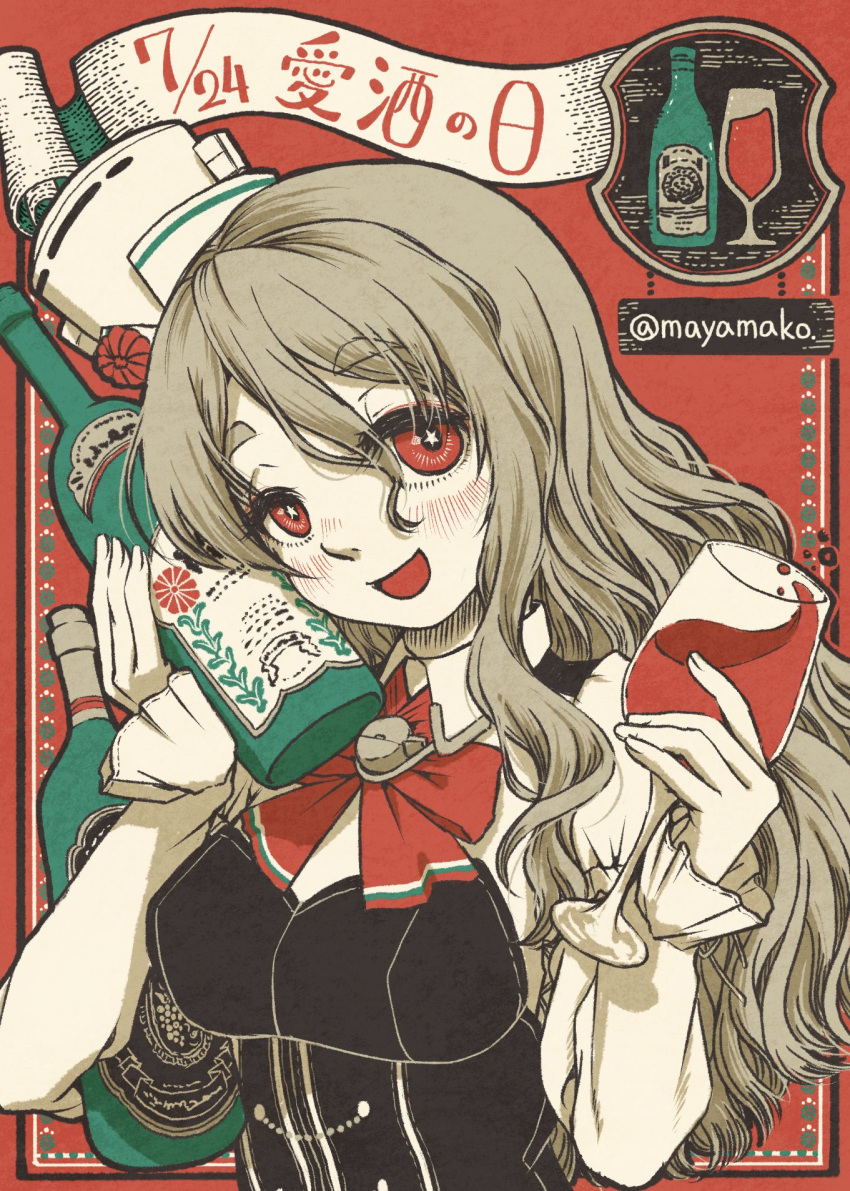 1girl alcohol bangs blush bottle breasts corset cup drinking_glass grey_hair hair_between_eyes hat highres holding kantai_collection long_hair long_sleeves makora_higa mini_hat open_mouth pola_(kantai_collection) red_background red_eyes red_neckwear solo star star-shaped_pupils symbol-shaped_pupils thick_eyebrows tilted_headwear twitter_username upper_body wavy_hair wine wine_bottle wine_glass