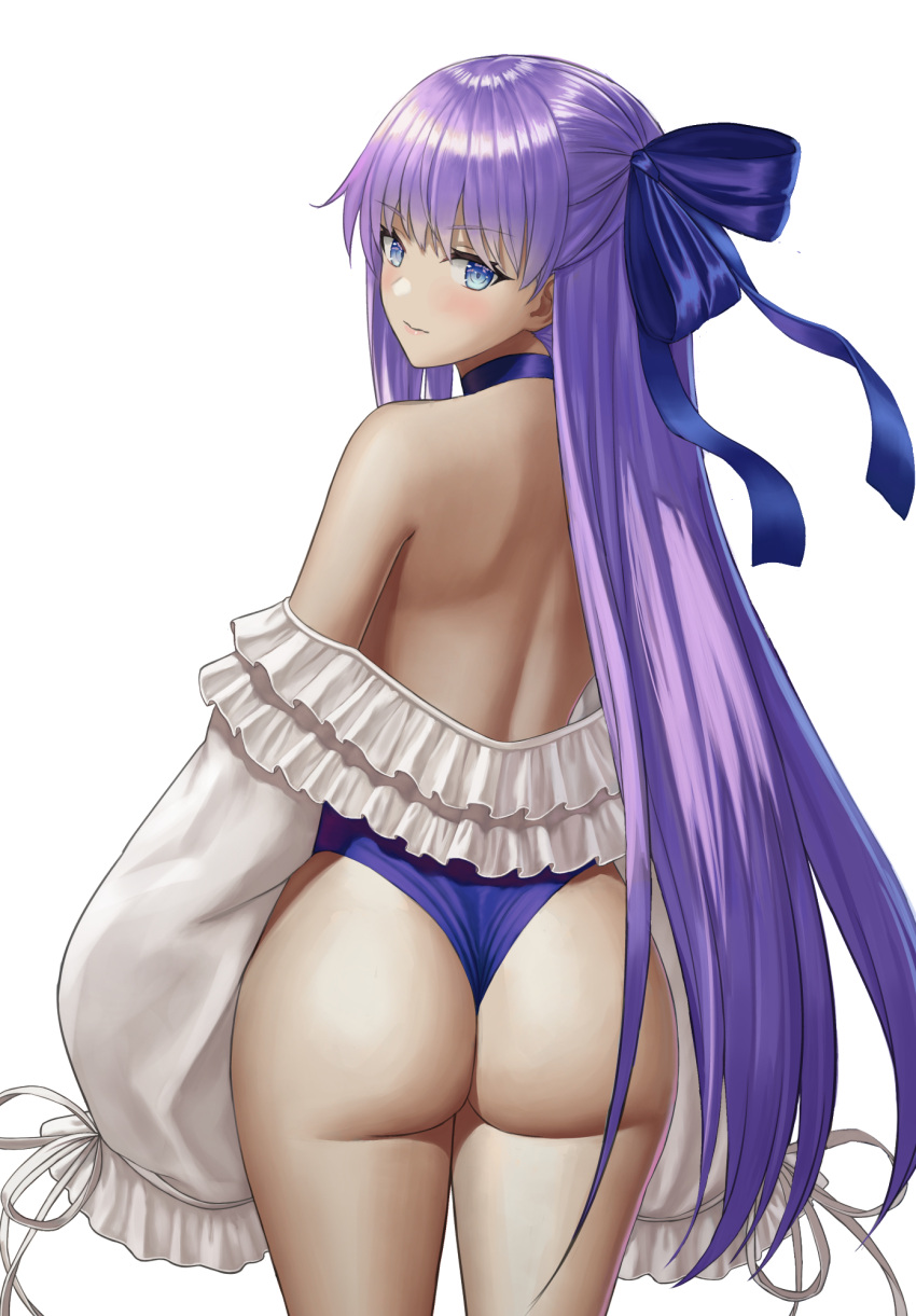 1girl arisku ass back bangs bare_shoulders blue_eyes blue_ribbon blue_swimsuit blush choker covered_navel fate/grand_order fate_(series) frills hair_between_eyes highleg highleg_swimsuit highres long_hair long_sleeves looking_at_viewer meltryllis meltryllis_(swimsuit_lancer)_(fate) one-piece_swimsuit puffy_sleeves purple_hair ribbon simple_background sleeves_past_fingers sleeves_past_wrists solo swimsuit thighs very_long_hair white_background