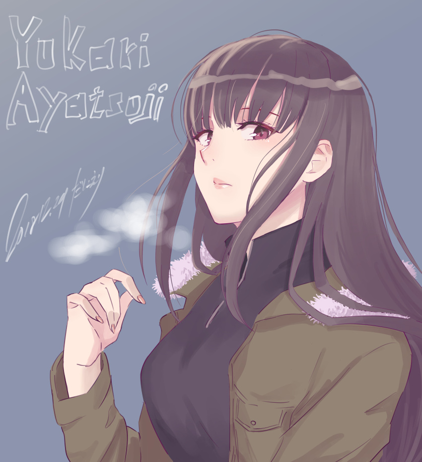 1girl absurdres amagami ayatsuji_yukari brown_hair character_name danieri fingernails fur_trim highres long_fingernails long_hair looking_at_viewer red_eyes signature solo upper_body winter_clothes