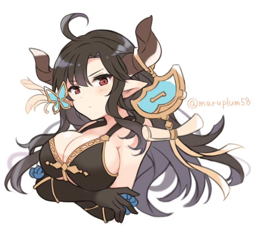 1girl ahoge augusta_(granblue_fantasy) black_hair breasts brown_eyes butterfly_hair_ornament crossed_arms draph elbow_gloves gloves granblue_fantasy hair_ornament highres horns large_breasts long_hair maru_(maruplum) pointy_ears twitter_username