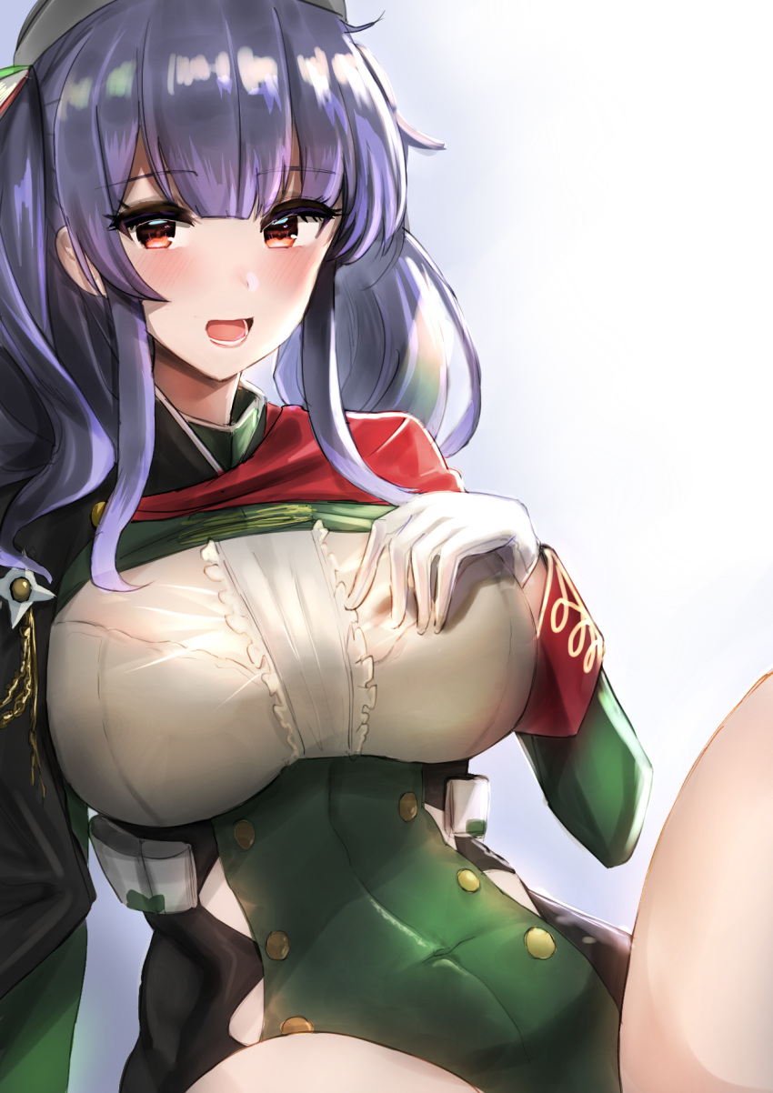 1girl azur_lane bare_legs beret black_headwear breasts cape covered_navel cowboy_shot dress eyebrows_visible_through_hair gloves green_dress hair_between_eyes hand_on_own_chest hat highres holaa large_breasts long_sleeves looking_at_viewer military military_uniform nib_pen_(medium) open_mouth pola_(azur_lane) purple_hair short_dress simple_background sitting skindentation smile solo taut_clothes taut_dress teeth tongue traditional_media twintails uniform white_background white_gloves