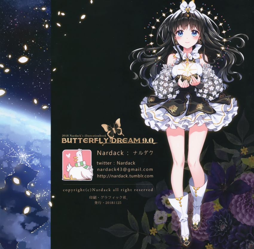 1girl absurdres artist_name bare_shoulders black_hair blue_eyes blush boots bow breasts closed_mouth dress earrings full_body gold_trim hair_bow highres jewelry long_hair long_sleeves medium_breasts nardack original planet puffy_long_sleeves puffy_sleeves scan see-through smile solo space star_(sky) twitter_username very_long_hair white_bow white_dress white_footwear