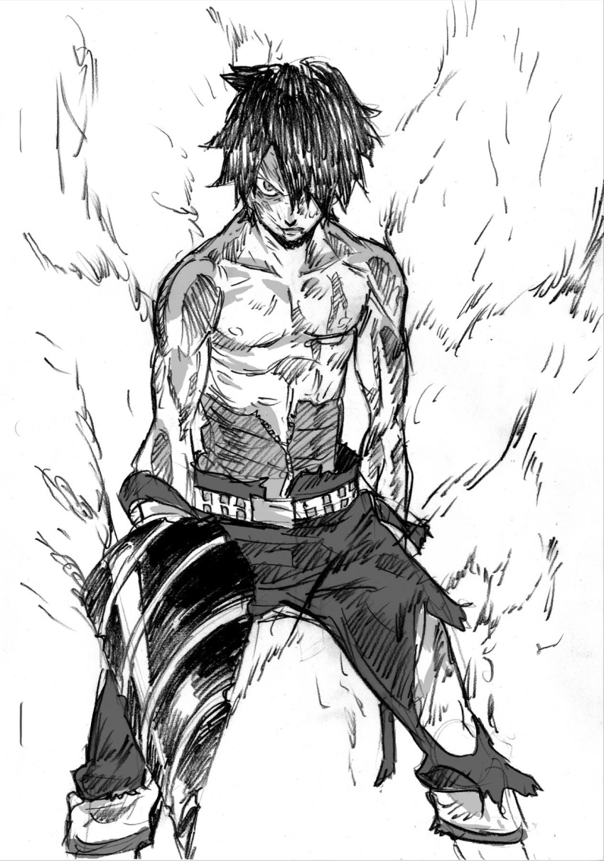 1boy belt belt_buckle black_hair blood blood_on_face buckle character_request copyright_request drill hair_over_one_eye hatching_(texture) highres injury male_focus shirtless simple_background solo standing sushio torn_clothes torn_legwear traditional_media white_background zipper
