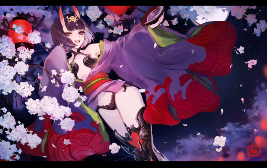1girl :d alcohol armpits bangs bare_shoulders cherry_blossoms cup eyebrows_visible_through_hair eyeliner fate/grand_order fate_(series) hair_ornament horns japanese_clothes k_(sktchblg) kimono lantern looking_at_viewer makeup oni open_mouth pale_skin purple_hair sakazuki sake sash short_hair shuten_douji_(fate/grand_order) sleeves_past_wrists smile solo thigh-highs violet_eyes