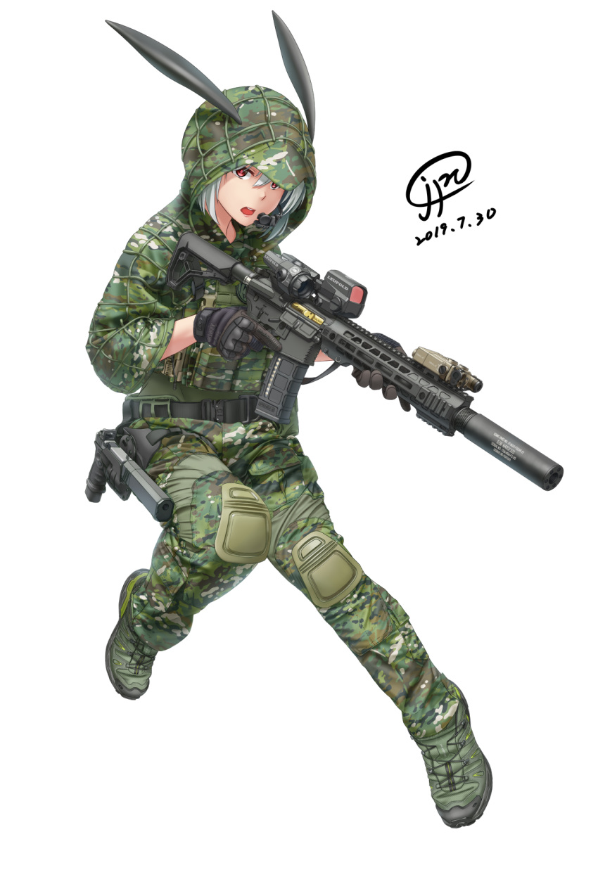 1girl animal_ears ar-15 assault_rifle camouflage commentary dated english_commentary gloves gun handgun headset highres holding holding_gun holding_weapon holster holstered_weapon hood jpc open_mouth original pistol rabbit_ears red_eyes rifle signature silver_hair solo suppressor trigger_discipline weapon white_background