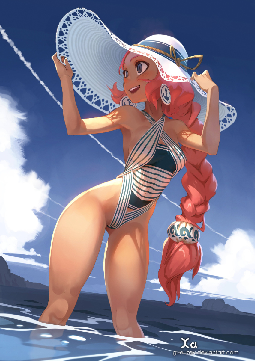 1girl absurdres anchor_earrings anchor_symbol blue_eyes blue_sky braid breasts commentary criss-cross_halter dappled_sunlight english_commentary hair_ornament halterneck hat hat_tug highleg highleg_swimsuit highres long_braid long_hair looking_afar low-tied_long_hair making-of_available ocean one-piece_swimsuit original pink_hair single_braid sky small_breasts solo standing striped striped_swimsuit summer sun_hat sunlight swimsuit thighs wading watermark web_address xavier_houssin