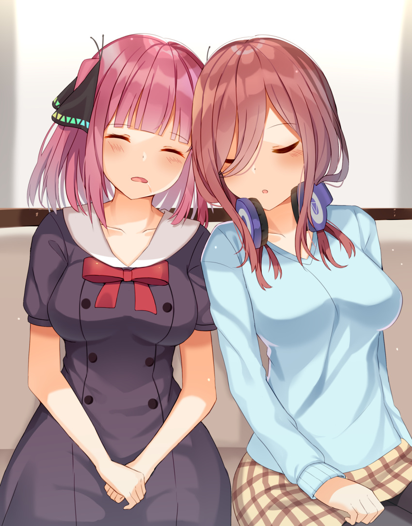 2girls :o bangs black_dress black_legwear black_ribbon blue_sweater blush bow breasts brown_hair brown_skirt closed_eyes collarbone collared_shirt dress drooling eyebrows_visible_through_hair go-toubun_no_hanayome hair_between_eyes hair_ribbon headphones headphones_around_neck highres leaning_on_person leaning_to_the_side long_hair long_sleeves medium_breasts mizuki_ryuu multiple_girls nakano_miku nakano_nino pantyhose parted_lips red_bow ribbon saliva shirt siblings sisters sitting skirt sleeping sleeping_on_person sleeves_past_wrists sweater two_side_up