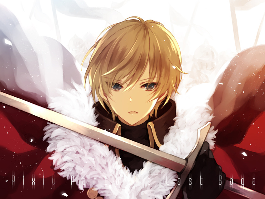 1boy black_gloves cape copyright_name dylan_the_island_king fur_trim gloves grey_eyes hair_between_eyes holding holding_sword holding_weapon light_brown_hair looking_at_viewer male_focus pixiv_fantasia pixiv_fantasia_last_saga red_cape solo standing suzumina_shiki sword upper_body weapon white_background