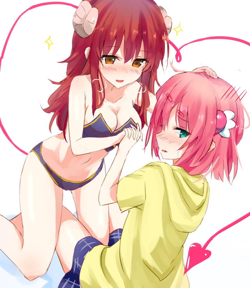 2girls blazer blue_eyes blush breasts chiyoda_momo commentary_request demon_girl demon_horns demon_tail hair_ornament hairclip hand_on_another's_head heart heart_tail highres holding_hands horns interlocked_fingers jacket large_breasts long_hair looking_at_another looking_to_the_side machikado_mazoku medium_hair multiple_girls open_mouth otakubotti panties pink_hair redhead simple_background skirt smile star sweatdrop tail underwear underwear_only white_background yellow_eyes yoshida_yuuko_(machikado_mazoku) yuri