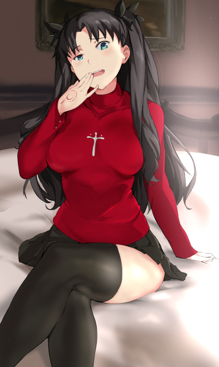 1girl absurdres bangs black_hair black_legwear blue_eyes breasts cafekun commentary_request eyebrows_visible_through_hair fate/stay_night fate_(series) hair_ribbon highres large_breasts long_hair long_sleeves looking_at_viewer on_bed ribbon sitting skirt solo thigh-highs toosaka_rin two_side_up