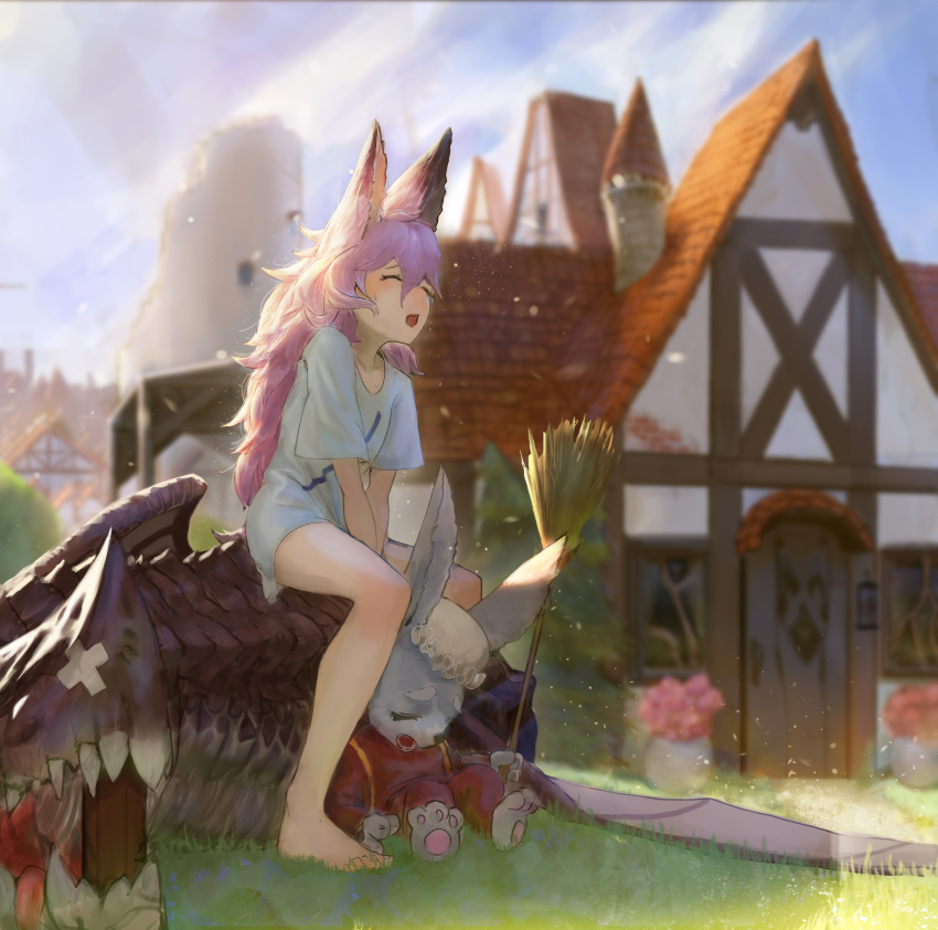 1girl absurdres animal_ears bandaid bandaid_on_nose barefoot blue_sky blurry blurry_background broom closed_eyes day dragon flag grass hair_between_eyes hat highres house long_hair mob_cap open_mouth original outdoors peko_(y28he) pink_hair rabbit shirt sitting sky very_long_hair white_flag white_shirt
