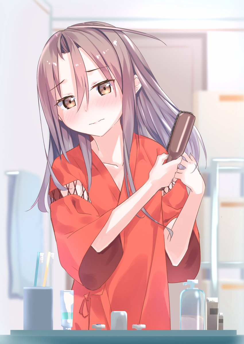 1girl blush brown_eyes brown_hair closed_mouth collarbone eyebrows_visible_through_hair flat_chest gedoo_(gedo) hair_brush hair_brushing hair_down highres holding holding_brush indoors japanese_clothes kantai_collection long_hair red_shirt shirt sink solo toothbrush toothpaste wide_sleeves zuihou_(kantai_collection)