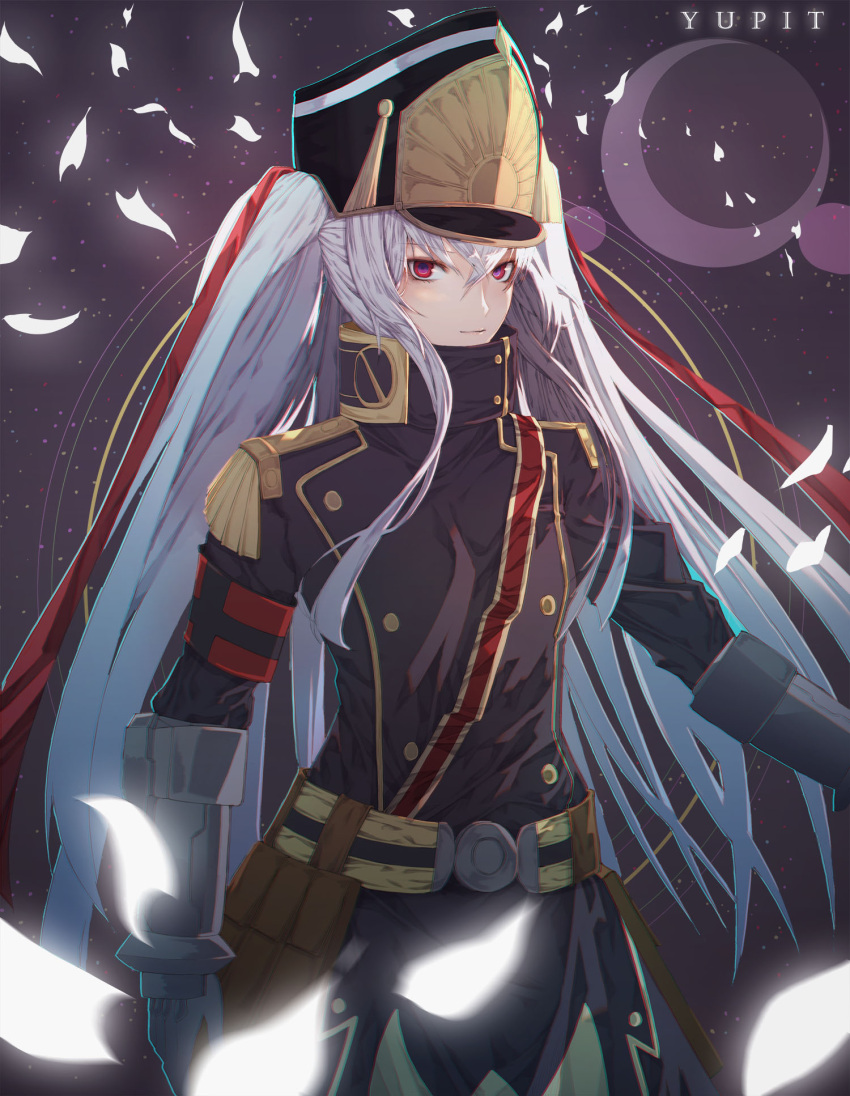 1girl altair_(re:creators) gloves hair_between_eyes hat highres kim_jin_(tmxhfl4490) long_hair looking_at_viewer military military_uniform re:creators red_eyes red_ribbon ribbon shako_cap silver_hair smile solo twintails uniform white_hair