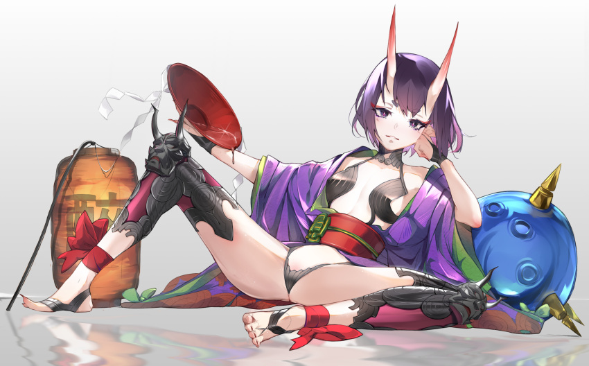 1girl absurdres alcohol ankle_ribbon bangs bare_shoulders barefoot_sandals blush bob_cut breasts collarbone cup eyeliner fate/grand_order fate_(series) gourd highres horns japanese_clothes joehongtee kimono lantern leaning_back legs long_sleeves looking_at_viewer makeup navel obi oni oni_horns open_clothes open_kimono parted_lips purple_hair purple_kimono revealing_clothes ribbon sakazuki sake sash short_eyebrows short_hair shuten_douji_(fate/grand_order) small_breasts smile solo spread_legs thighs violet_eyes