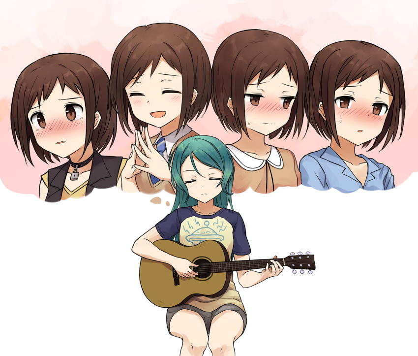 2girls acoustic_guitar bang_dream! bangs black_vest blue_shirt blush brown_eyes brown_hair brown_shirt closed_eyes collar cyan_aeolin green_hair guitar hazawa_tsugumi hikawa_sayo imagining instrument long_hair multiple_girls music nose_blush padlocked_collar playing_instrument shirt short_hair sitting steepled_fingers studded_collar sweater_vest t-shirt vest white_background yuri