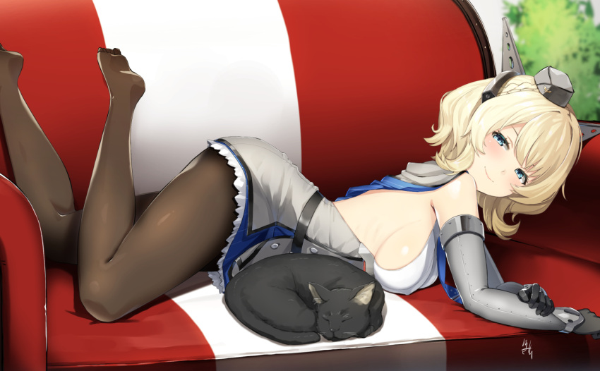 1girl bangs black_gloves blonde_hair blue_eyes blue_neckwear blurry breasts brown_legwear capelet cat colorado_(kantai_collection) couch dress elbow_gloves garrison_cap gloves grey_dress grey_headwear hat headgear indoors kantai_collection large_breasts legs_up lying meth_(emethmeth) necktie no_shoes on_couch on_stomach pantyhose plant potted_plant short_hair side_braids sideboob sidelocks signature sleeveless sleeveless_dress solo