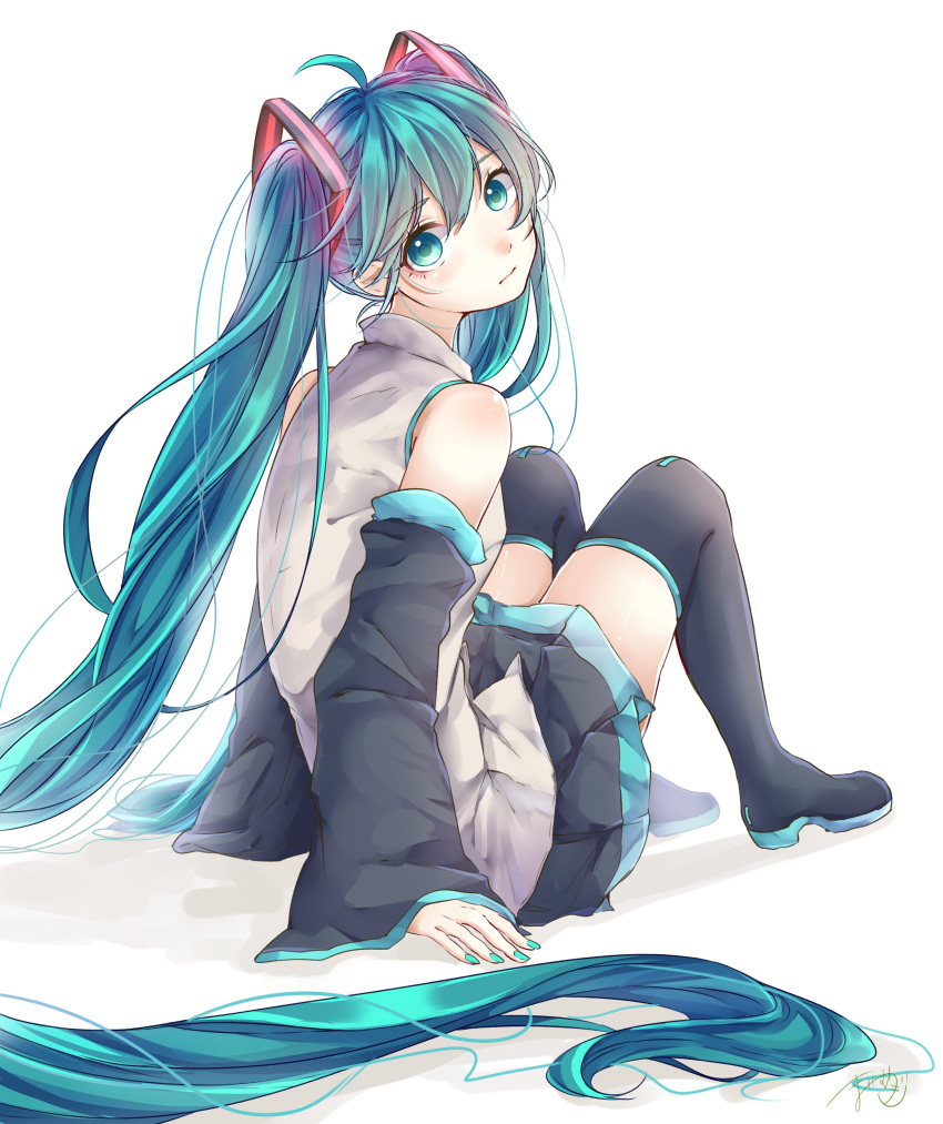 1girl absurdres arm_support bangs bare_shoulders black_legwear black_skirt blue_eyes blue_hair blue_nails detached_sleeves expressionless eyebrows_visible_through_hair eyelashes facing_away fingernails full_body hair_between_eyes hatsune_miku head_tilt highres long_hair looking_at_viewer looking_back mai_mugi shadow shiny shiny_skin shirt signature simple_background sitting skirt sleeveless sleeveless_shirt solo thigh-highs twintails very_long_hair vocaloid white_background white_shirt zettai_ryouiki