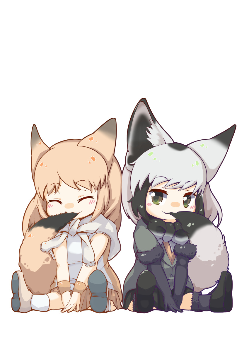 2girls :3 absurdres animal_ear_fluff animal_ears bare_shoulders bat-eared_fox_(kemono_friends) between_legs black_gloves black_hair black_jacket black_legwear black_neckwear black_skirt blush boots bow bowtie closed_eyes commentary_request elbow_gloves eyebrows_visible_through_hair fang fox_ears fox_tail fur_trim gandr1229 gloves green_eyes grey_hair grey_neckwear hand_between_legs highres jacket jacket_around_neck kemono_friends light_brown_hair light_brown_shirt light_brown_skirt looking_at_another multicolored multicolored_clothes multiple_girls orange_shirt pale_fox_(kemono_friends) pleated_skirt shirt short_hair short_sleeves sitting skirt socks tail tail_in_mouth vest white_background white_hair white_legwear white_shirt wristband