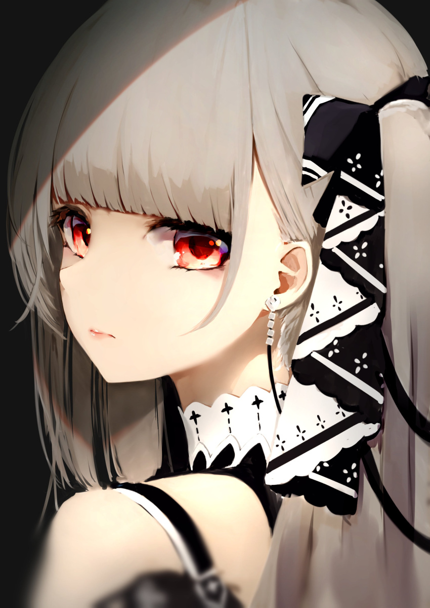 1girl absurdres azur_lane bangs black_bow blunt_bangs blurry blurry_foreground bow brown_hair closed_mouth commentary_request depth_of_field earrings formidable_(azur_lane) from_behind grey_background hair_between_eyes highres jewelry long_hair looking_at_viewer looking_back mayogii red_eyes sidelocks simple_background solo twintails upper_body wavy_mouth