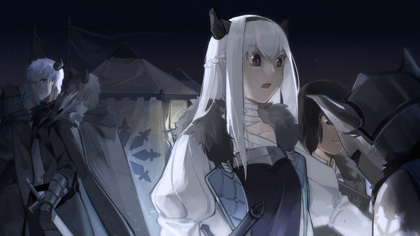 2girls 5boys :o black_cape black_gloves black_hair black_hairband black_horns blue_eyes cape fantasy flag gloves grey_hair hairband helmet highres leon_the_southern_conquest_general long_hair long_sleeves multiple_boys multiple_girls night night_sky odasakunosuke pixiv_fantasia pixiv_fantasia_last_saga puffy_long_sleeves puffy_sleeves sky standing sword tent weapon yuki_the_empress'_aide zera_the_hornless_empress