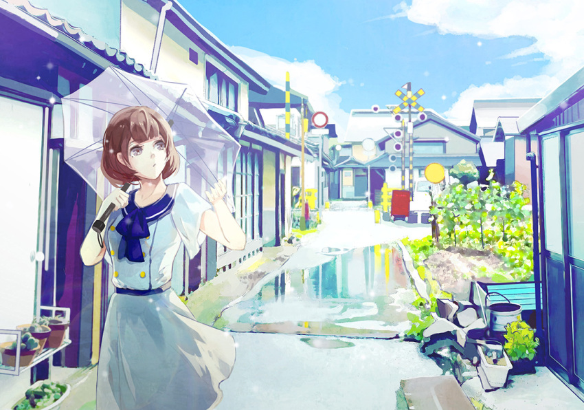 1girl bangs blue_bow blue_sailor_collar blue_sky bow brown_eyes brown_hair bucket closed_mouth clouds commentary_request day door dress eyebrows_visible_through_hair hands_up hiro_chikyuujin holding holding_umbrella house looking_away looking_to_the_side original outdoors puddle railroad_crossing sailor_collar sailor_dress short_sleeves sky solo transparent transparent_umbrella umbrella water white_dress