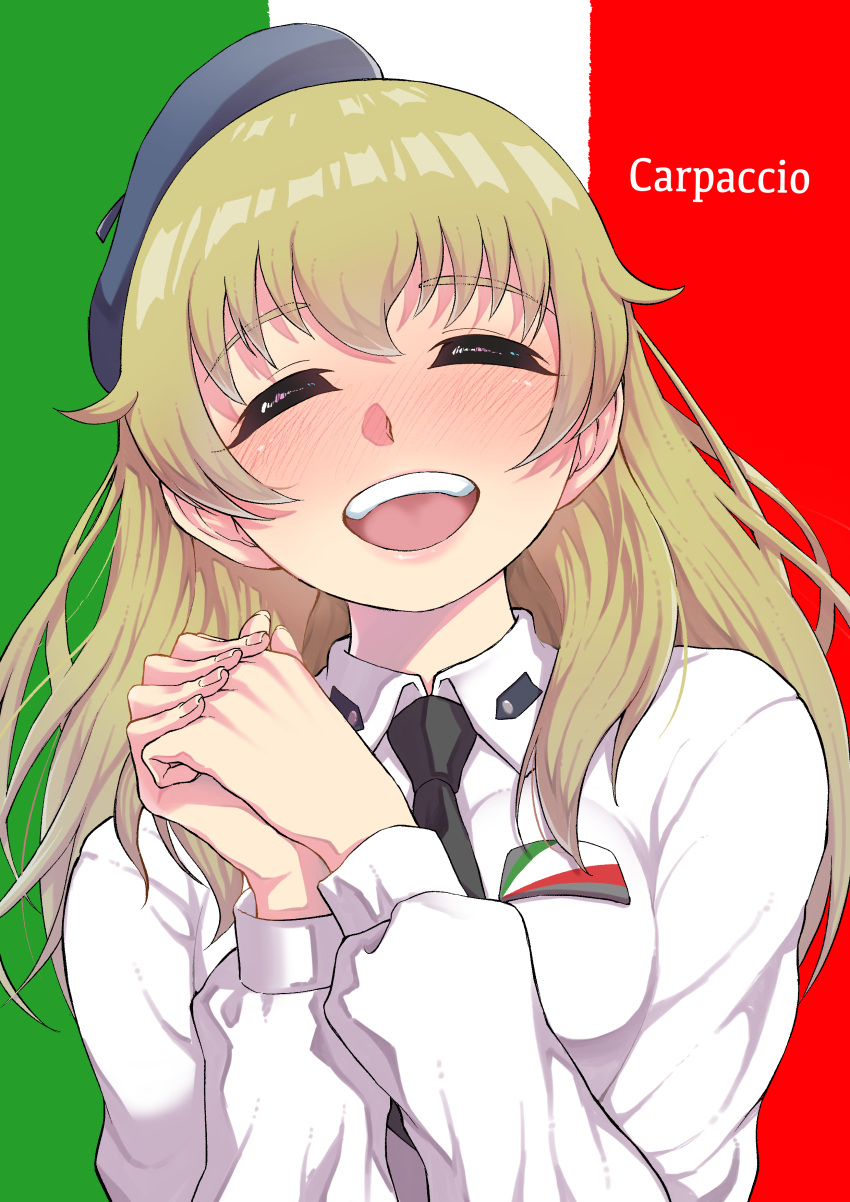 1girl absurdres anzio_school_uniform bangs beret black_headwear black_neckwear blonde_hair blush carpaccio character_name commentary dress_shirt emblem eyebrows_visible_through_hair facing_viewer flag_background girls_und_panzer hands_together hat head_tilt highres italian_flag long_hair long_sleeves nakachiruno necktie open_mouth school_uniform shirt smile solo upper_body white_shirt