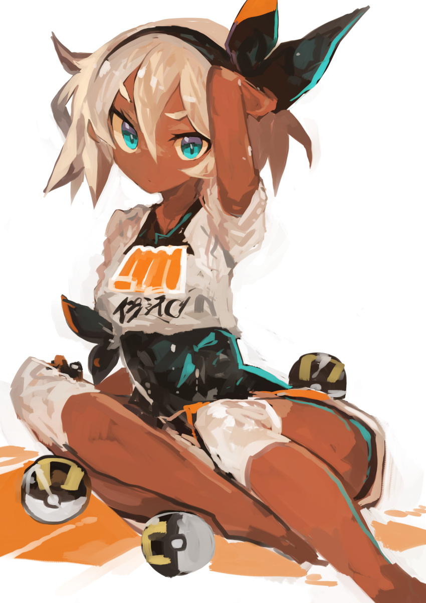 1girl absurdres bangs blue_eyes bodysuit bodysuit_under_clothes dark_skin grey_hair gym_leader hairband highres kaamin_(mariarose753) knee_pads poke_ball pokemon pokemon_(game) pokemon_swsh saitou_(pokemon) shirt short_hair short_sleeves sitting solo tied_shirt ultra_ball white_background