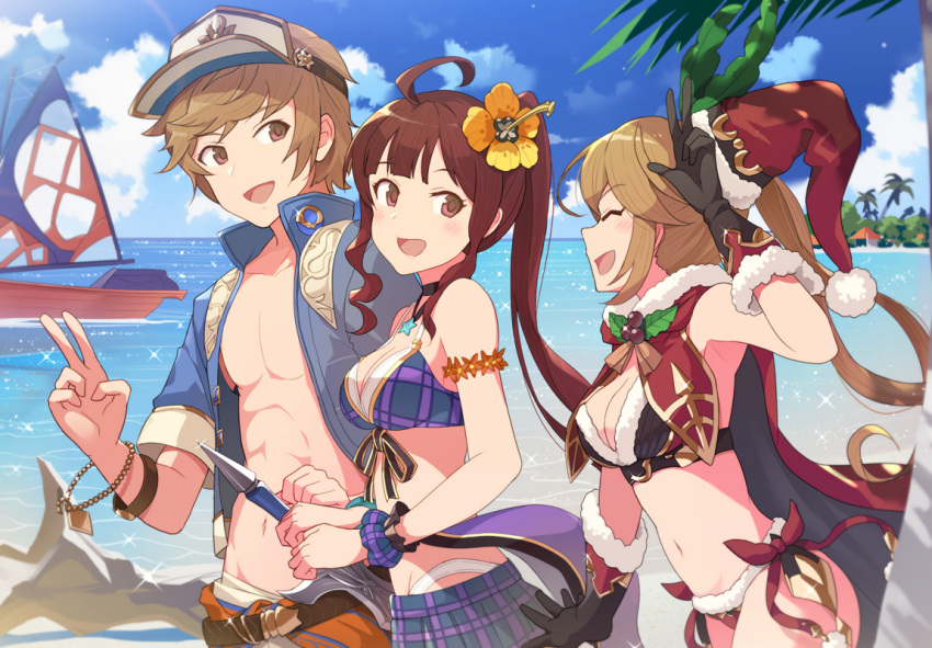 1boy 2girls ahoge beach bikini boat bracelet breasts brown_eyes brown_hair cape clarisse_(granblue_fantasy) diantha_(granblue_fantasy) flower gloves gran_(granblue_fantasy) granblue_fantasy hair_flower hair_ornament hat hinami_(hinatamizu) jewelry medium_breasts multiple_girls navel ocean santa_bikini santa_hat side_ponytail swimsuit sword v visor_cap watercraft weapon