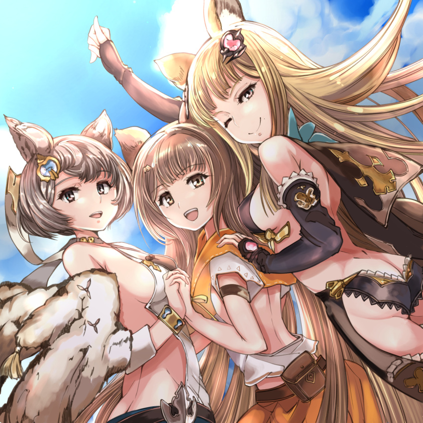3girls aster_(granblue_fantasy) bangs bare_back bare_shoulders blue_sky bob_cut breasts brown_eyes brown_hair butt_crack clouds commentary_request dutch_angle elbow_gloves erune fingerless_gloves gloves granblue_fantasy grey_eyes grey_hair grimjin hair_ornament highres holding_hands long_hair looking_at_viewer metera_(granblue_fantasy) mole multiple_girls one_eye_closed open_mouth siblings sideboob sisters sky smile sutera_(granblue_fantasy) very_long_hair