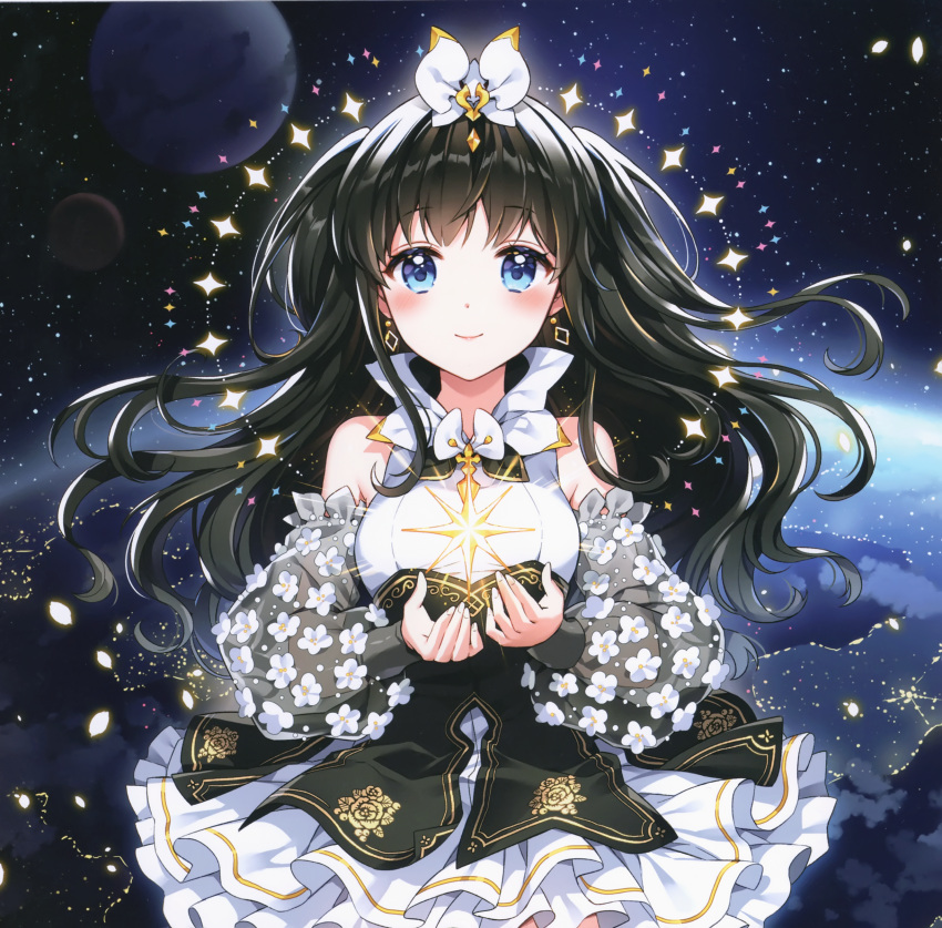 1girl absurdres bare_shoulders black_hair blue_eyes blush boots bow breasts closed_mouth dress earrings gold_trim hair_bow highres jewelry long_hair long_sleeves medium_breasts nardack original planet puffy_long_sleeves puffy_sleeves scan see-through smile solo space star_(sky) very_long_hair white_bow