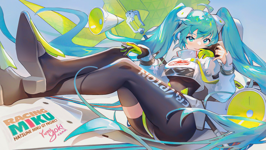 1girl absurdres aqua_eyes aqua_hair asymmetrical_bodysuit black_bodysuit bodysuit boots crop_top crop_top_overhang cropped_jacket crossed_legs flag flagpole flame_print glove_in_mouth gloves goodsmile_racing hatsune_miku highres jpeg_artifacts long_hair long_sleeves looking_at_viewer mouth_hold pole racing_miku racing_miku_(2022) removing_glove single_thigh_boot smiley_face speaker tapiokaro_(ximilul) thigh-highs thigh_boots twintails two-tone_gloves very_long_hair vocaloid