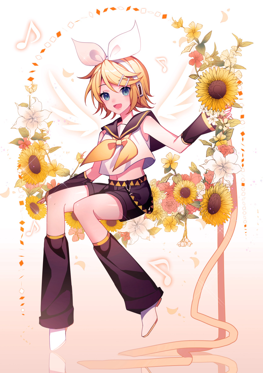 1girl :d absurdres angel_wings beige_background belt black_sailor_collar black_shorts blonde_hair blue_eyes detached_sleeves eighth_note eyebrows_visible_through_hair flower full_body hair_ornament hair_ribbon hairclip happy headset highres kagamine_rin kazenemuri leg_warmers looking_at_viewer midriff musical_note navel open_mouth petals pink_flower pink_rose red_flower reflection ribbon rose sailor_collar shirt short_hair shorts simple_background sitting sleeveless sleeveless_shirt smile solo sparkle streamers sunflower vocaloid white_background white_flower white_footwear white_ribbon white_shirt wings yellow_flower yellow_ribbon
