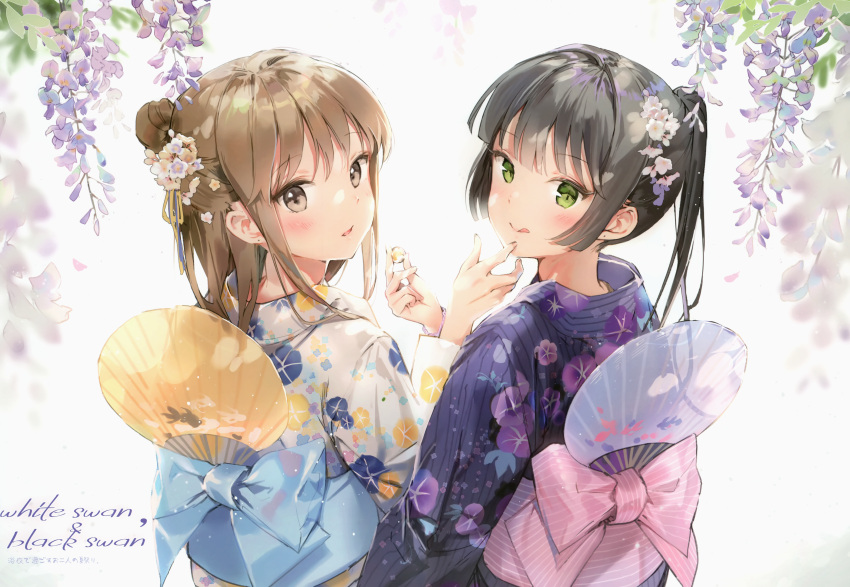 2girls :q absurdres anmi black_hair blue_kimono blush brown_hair fan floral_print flower green_eyes hair_flower hair_ornament highres holding huge_filesize japanese_clothes kimono long_hair looking_at_viewer looking_back multiple_girls obi one_side_up original paper_fan parted_lips ponytail purple_kimono sash scan smile standing tongue tongue_out uchiwa wisteria yukata