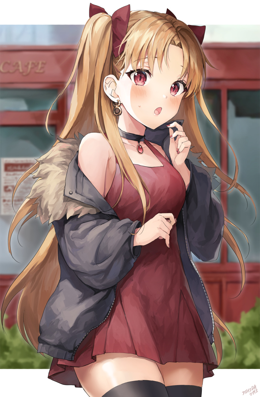 1girl absurdres bangs black_jacket black_legwear blonde_hair blush breasts casual choker collarbone cowboy_shot dress earrings ereshkigal_(fate/grand_order) eyebrows_visible_through_hair fate/grand_order fate_(series) highres ishita_umi jacket jewelry long_hair looking_at_viewer off_shoulder open_mouth parted_bangs red_dress red_eyes red_nails red_ribbon ribbon ruby_(gemstone) signature solo thigh-highs two_side_up very_long_hair