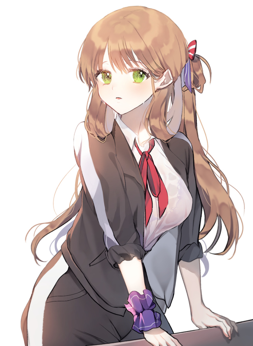 1girl alternate_costume bangs blush breasts brown_hair collared_shirt commentary girls_frontline green_eyes hair_between_eyes highres jacket jersey large_breasts long_hair long_sleeves looking_at_viewer m1903_springfield_(girls_frontline) neck_ribbon parted_lips ponytail rang_ji7 red_neckwear red_ribbon ribbon shirt sidelocks simple_background solo standing track_jacket track_suit upper_body white_background