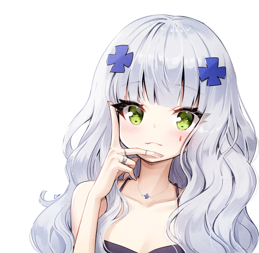 1girl :3 alternate_hairstyle ankkoyom bangs bare_shoulders blunt_bangs blush collarbone commentary_request eyebrows_visible_through_hair girls_frontline green_eyes hair_ornament hand_on_own_cheek highres hk416_(girls_frontline) jewelry long_hair looking_at_viewer nail_polish necklace pink_nails ring signature silver_hair simple_background solo tattoo wavy_hair white_background