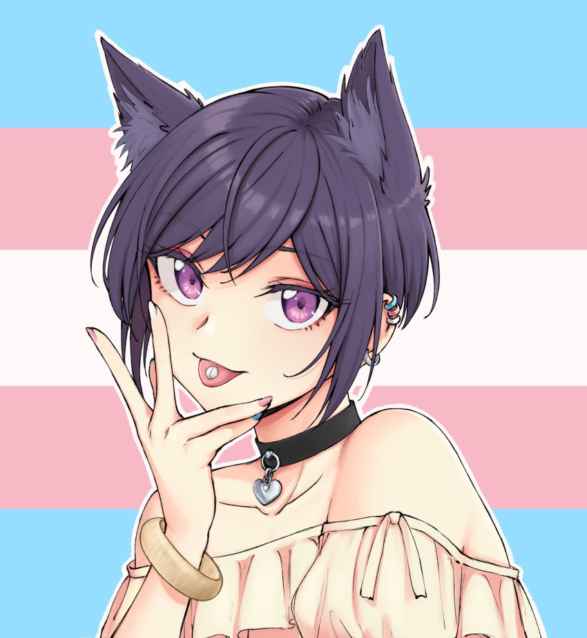 1non-binary androgynous animal_ear_fluff animal_ears bangle bangs bare_shoulders black_hair blouse blue_nails bracelet cat_ears choker ear_piercing earrings eyebrows_visible_through_hair flag_background hand_on_own_face heart heart_choker highres jewelry lgbt_pride looking_at_viewer multicolored multicolored_nails nail_polish nyanbinary off_shoulder original parted_lips pas'_black-haired_catperson pas_(paxiti) pendant piercing pill pill_on_tongue pink_nails pride_flag queer short_hair smile solo strapless tongue tongue_out tongue_piercing trans transgender transgender_flag upper_body violet_eyes white_blouse white_nails