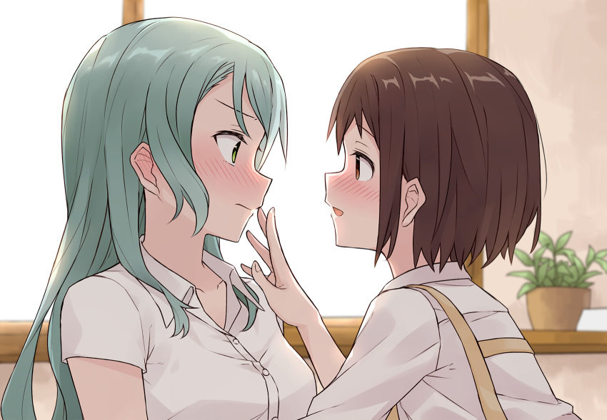 2girls :d aqua_hair bang_dream! bangs blush brown_eyes brown_hair collared_shirt cyan_aeolin green_eyes hand_on_another's_face hazawa_tsugumi highres hikawa_sayo indoors long_hair looking_at_another multiple_girls open_mouth plant potted_plant shirt short_hair short_sleeves smile upper_body white_shirt window yuri