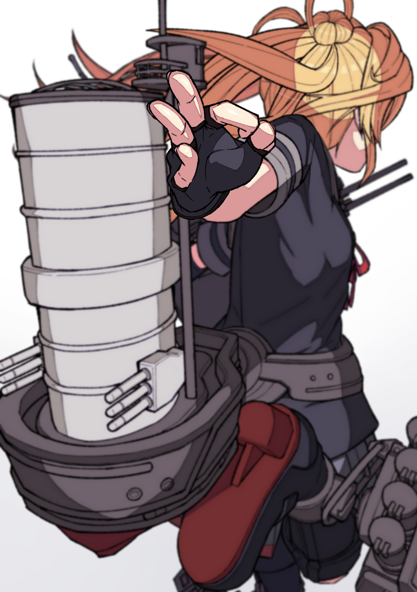 1girl absurdres abukuma_(kantai_collection) black_gloves blonde_hair breasts double_bun fingerless_gloves from_behind gloves hair_rings highres kantai_collection karasuma_kuraha long_hair neck_ribbon ok_sign red_neckwear remodel_(kantai_collection) ribbon rigging sailor_collar school_uniform serafuku short_sleeves simple_background skirt solo white_background